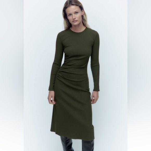 zara RUCHED DRESS KHAKI GREEN SZ L - Picture 2 of 14